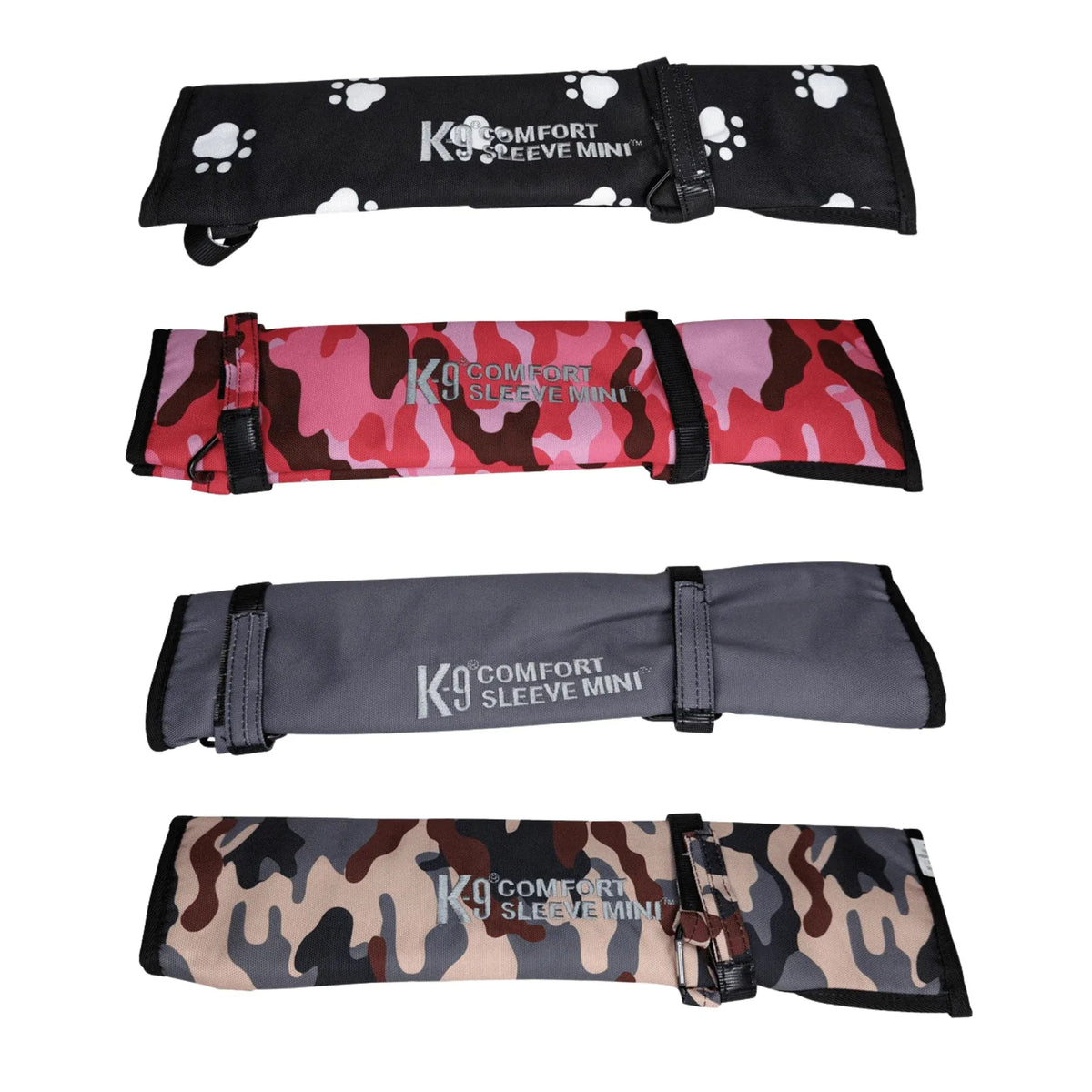 Four K9 dog dryer hose comfort sleeves in different patterns on a white background