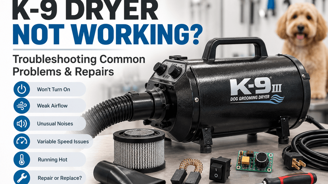 K-9 III dog grooming dryer with replacement parts and troubleshooting tips for power issues, weak airflow, unusual noises, and repairs.