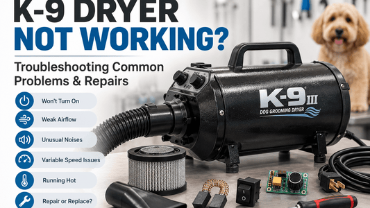 K-9 III dog grooming dryer with replacement parts and troubleshooting tips for power issues, weak airflow, unusual noises, and repairs.